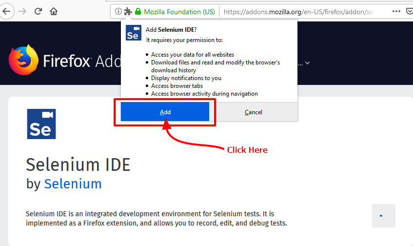 Clicking on Add button after Selenium IDE downloaded